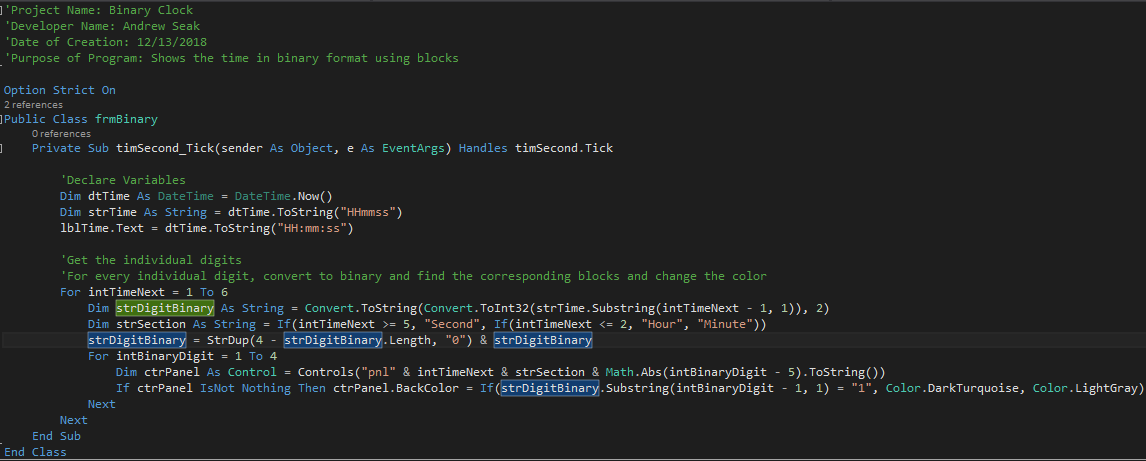 Binary Clock Program Code Visual Studio Basic.NET